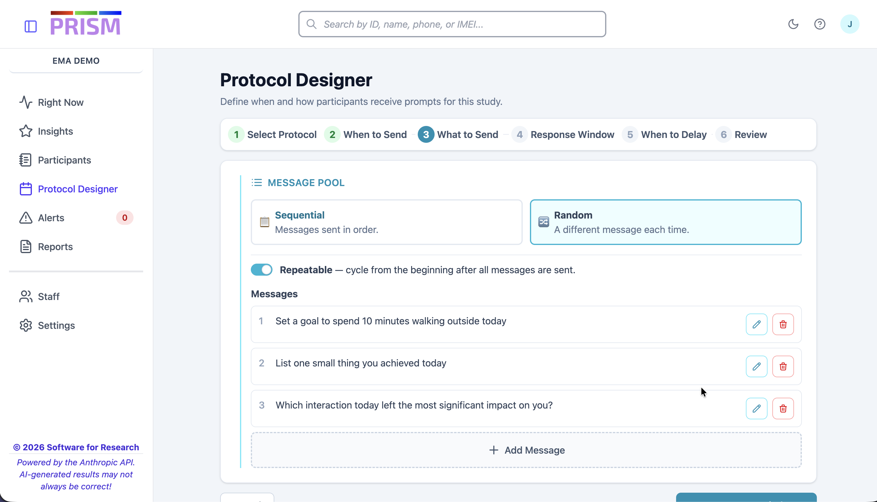 Prism Protocol Designer message pool with sequential and random delivery options