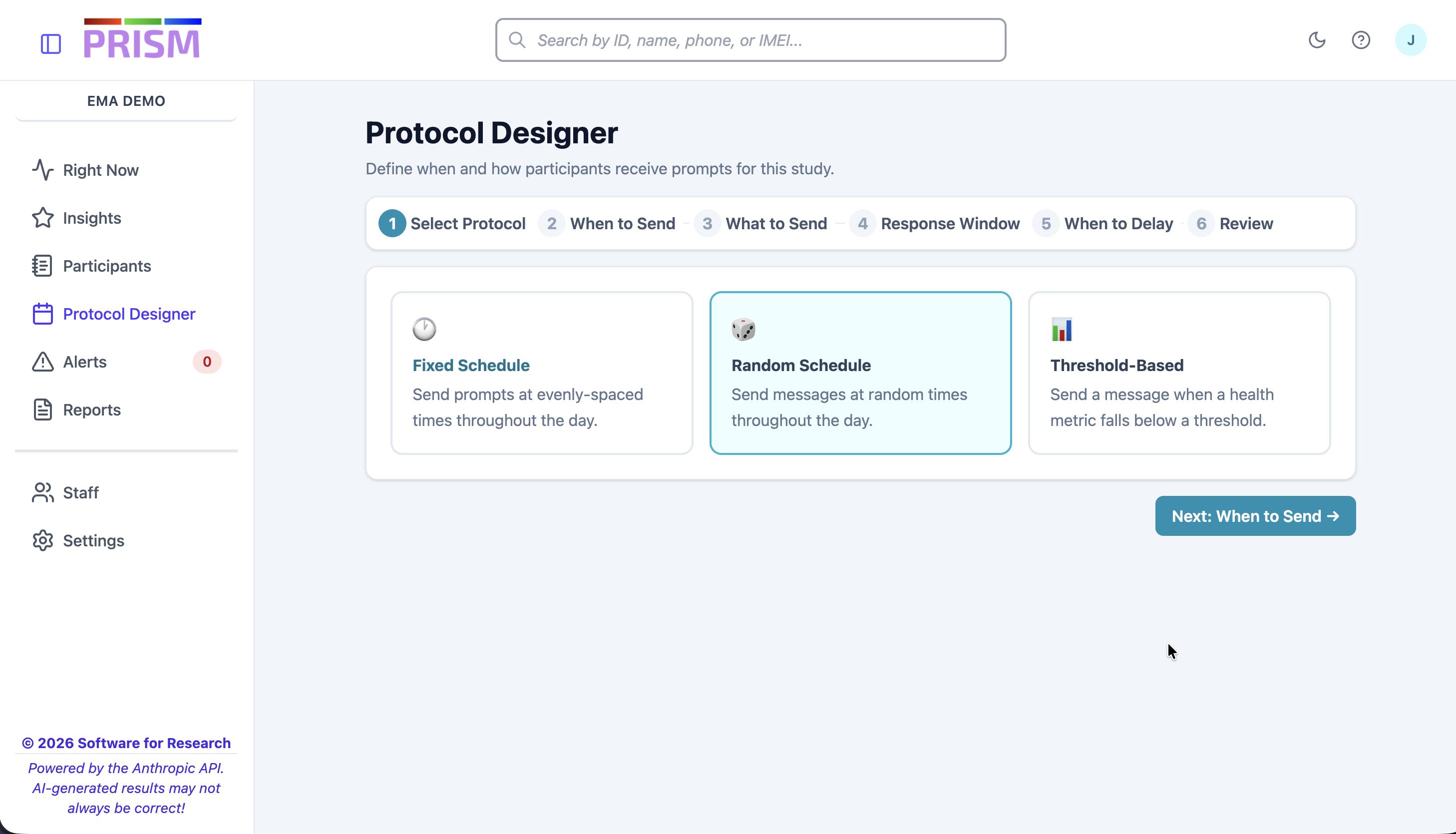 Prism Protocol Designer showing Fixed Schedule, Random Schedule, and Threshold-Based options