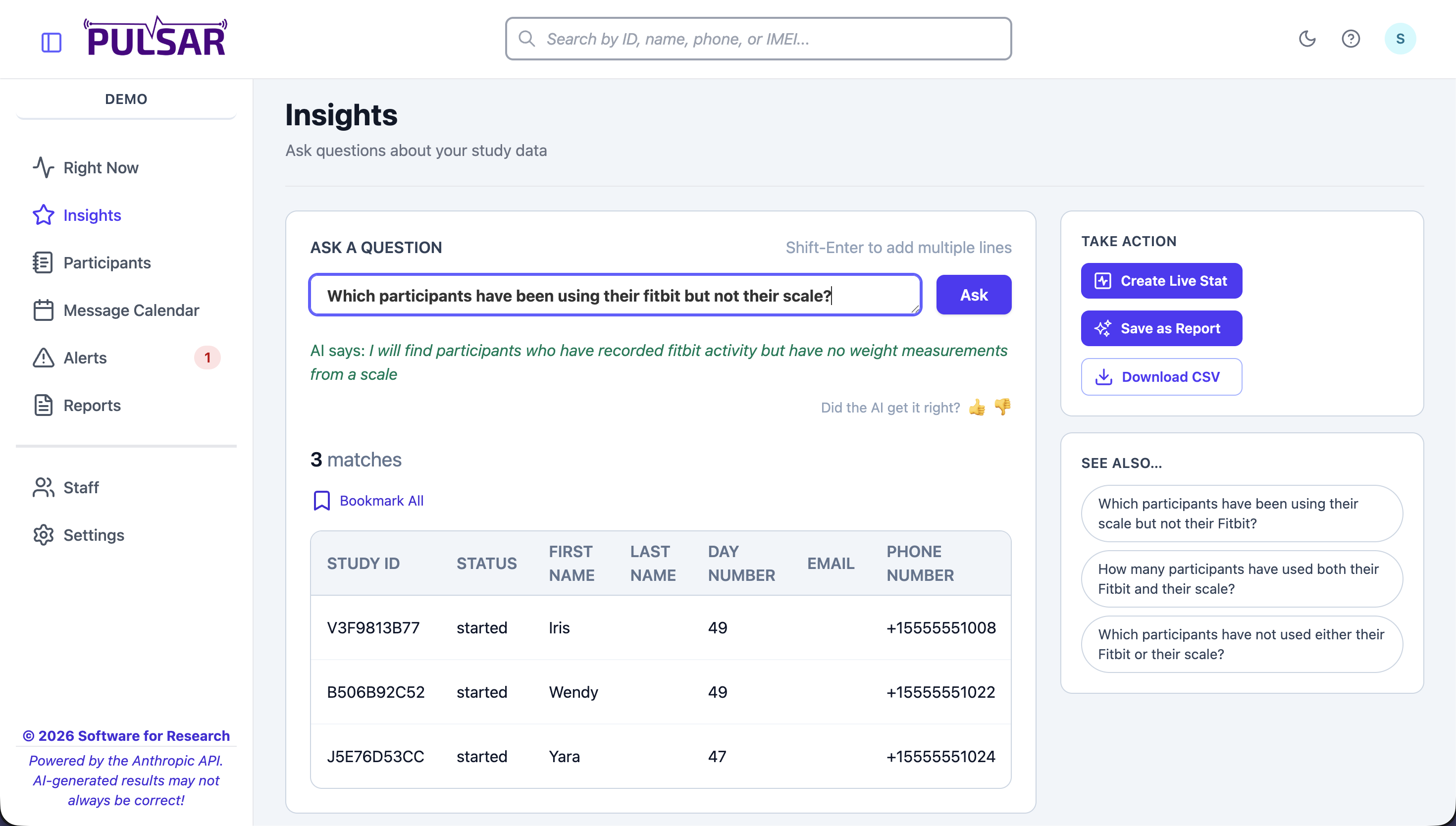 Pulsar Insights page showing natural language query with results table and suggested follow-ups