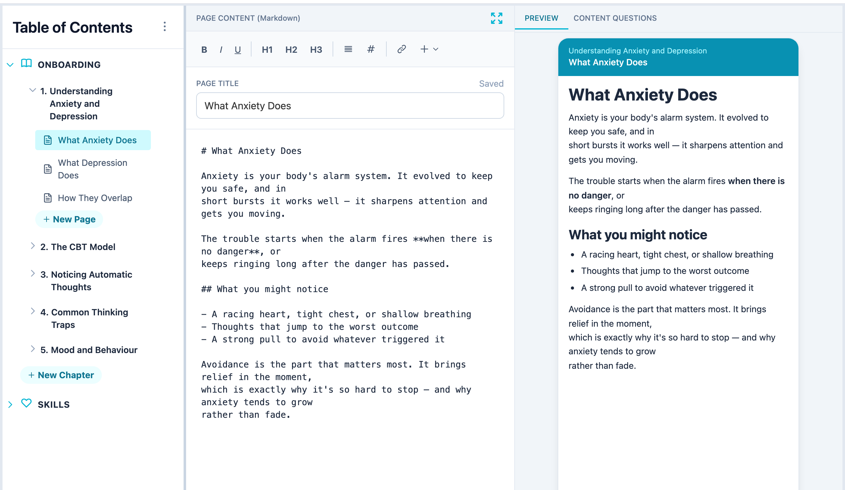 The content editor with the chapter tree, a Markdown editor, and a live participant preview side by side
