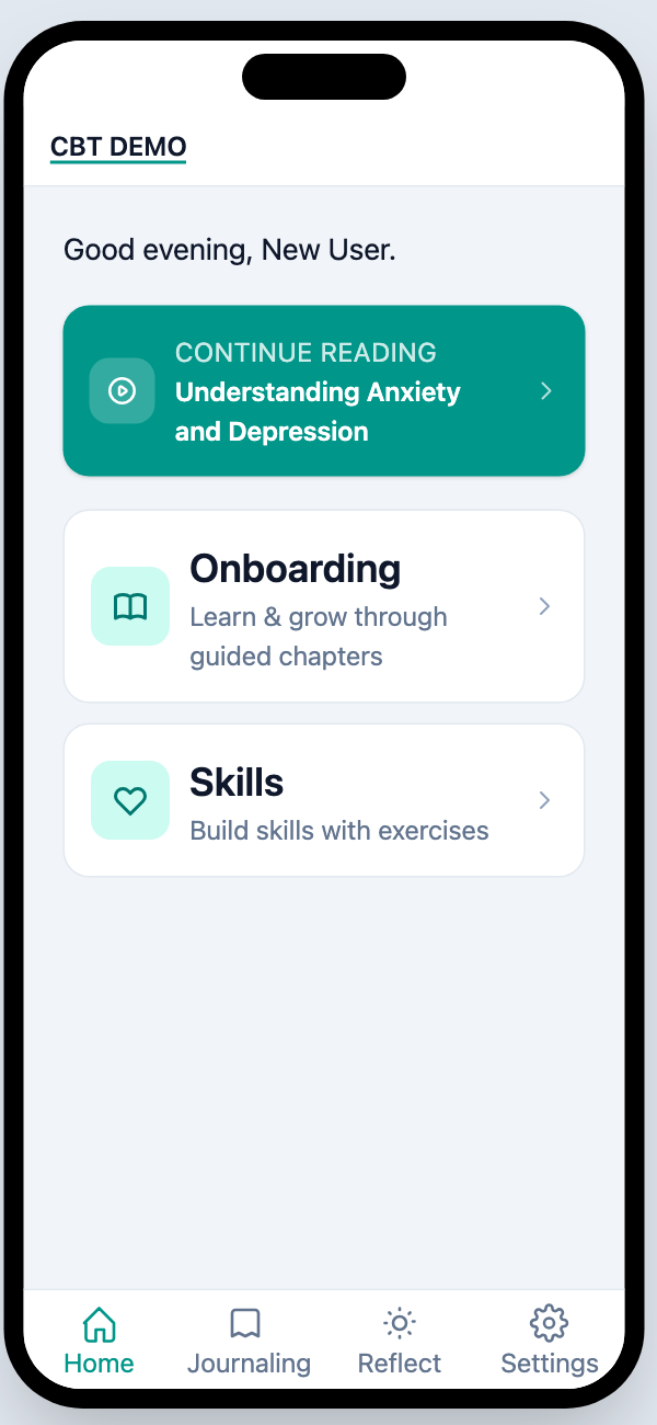 The participant app home screen with Continue Reading, Onboarding, and Skills