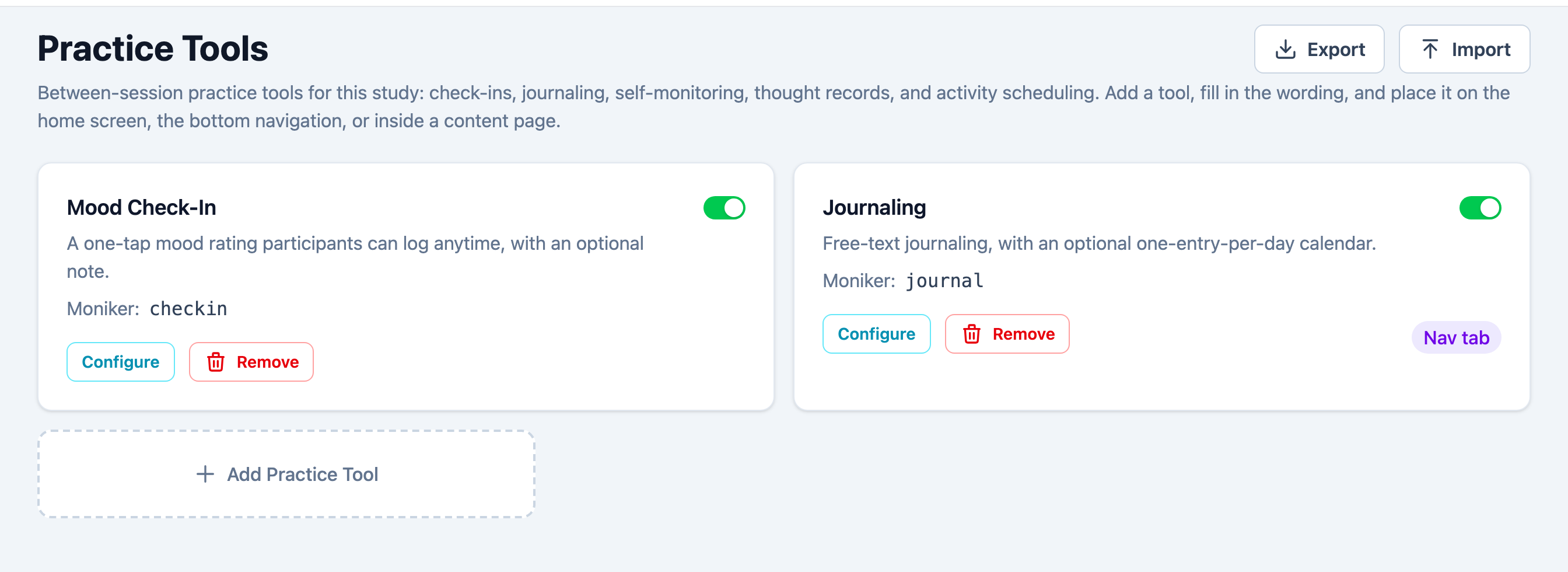Practice tool cards for Mood Check-In and Journaling, each with a toggle and configuration link