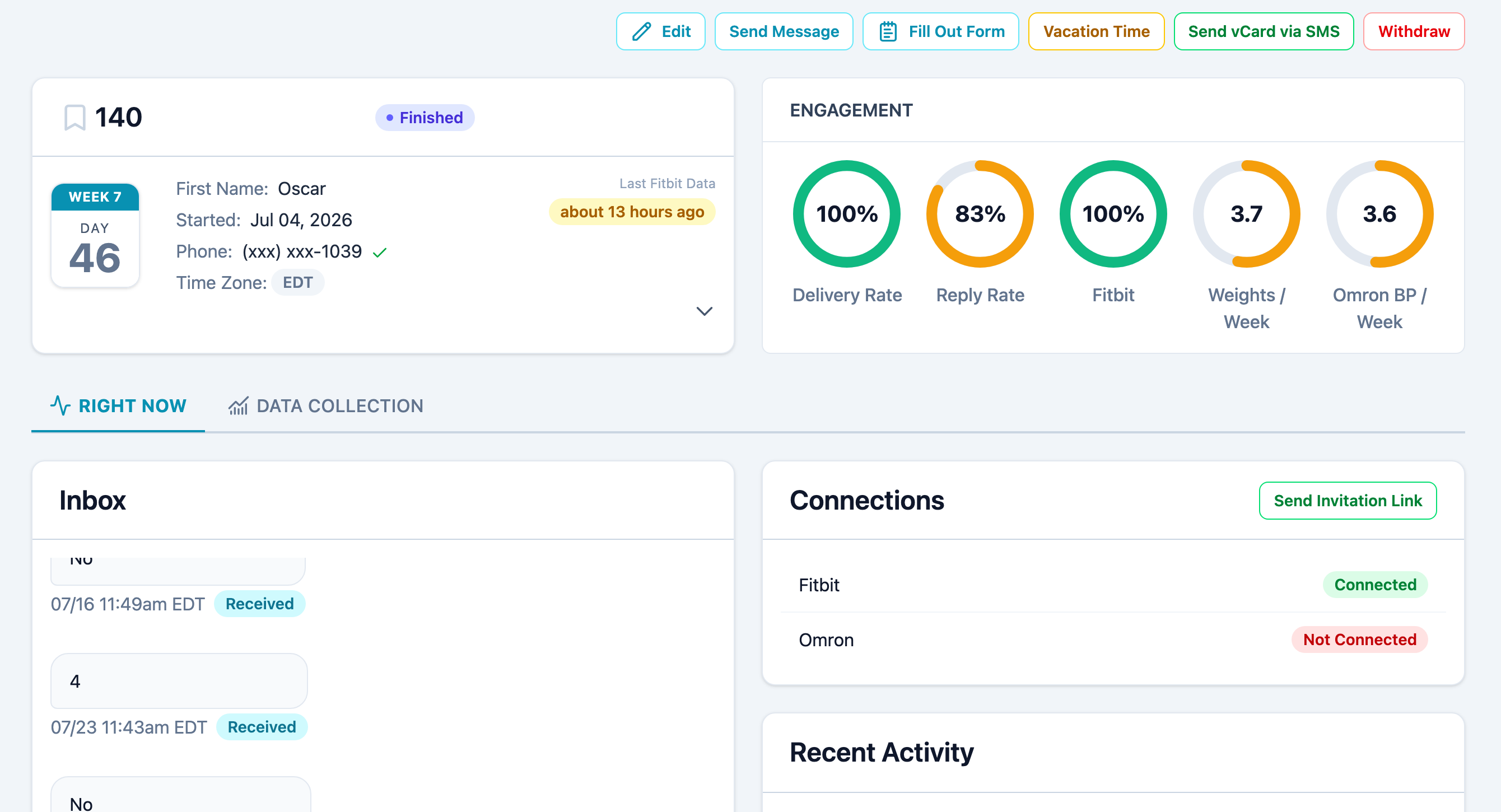 Pulsar participant roster with status filtering, weight sparklines, and Fitbit sync badges