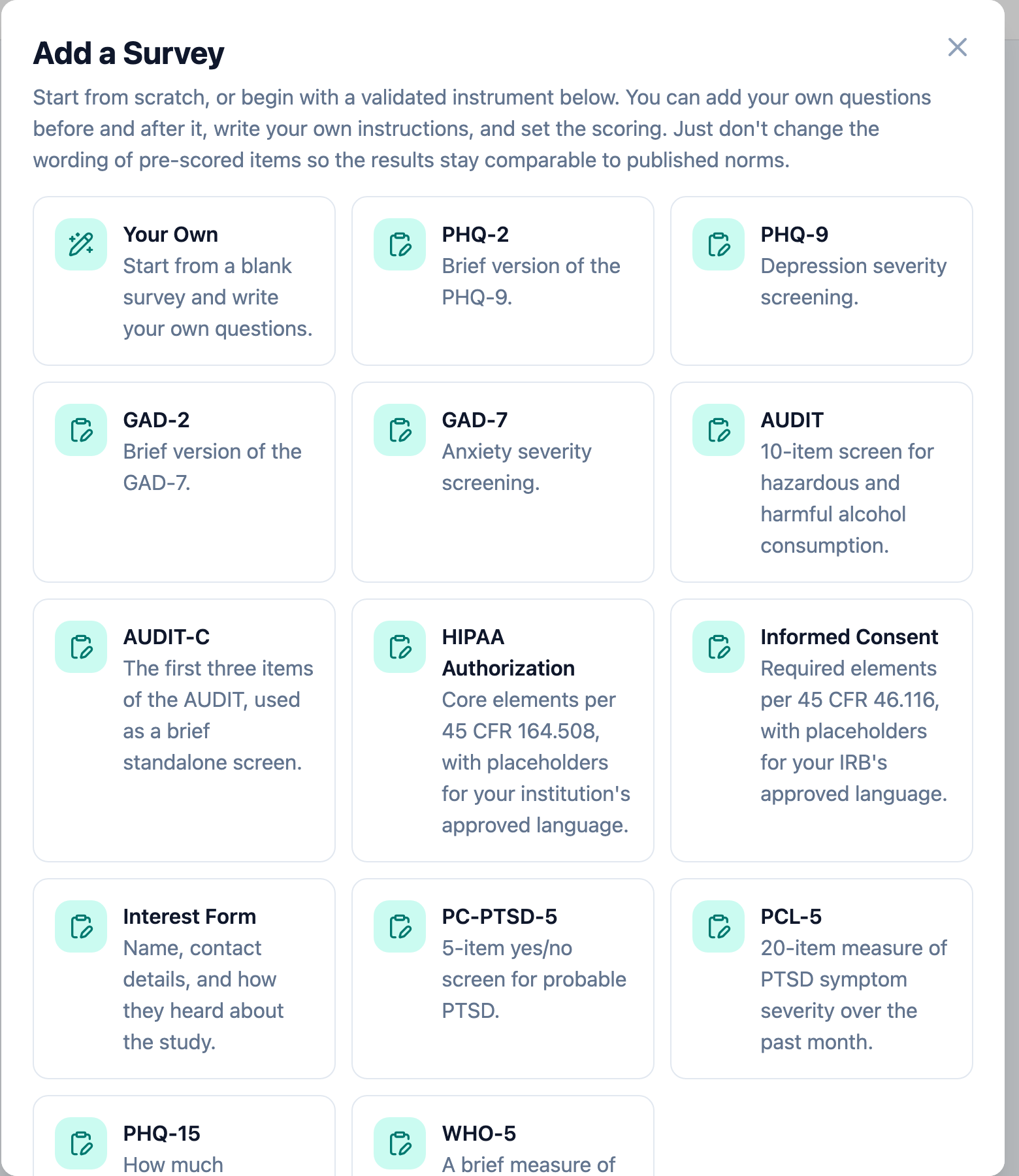 The survey catalog listing validated instruments including PHQ-9, GAD-7, AUDIT, and PCL-5