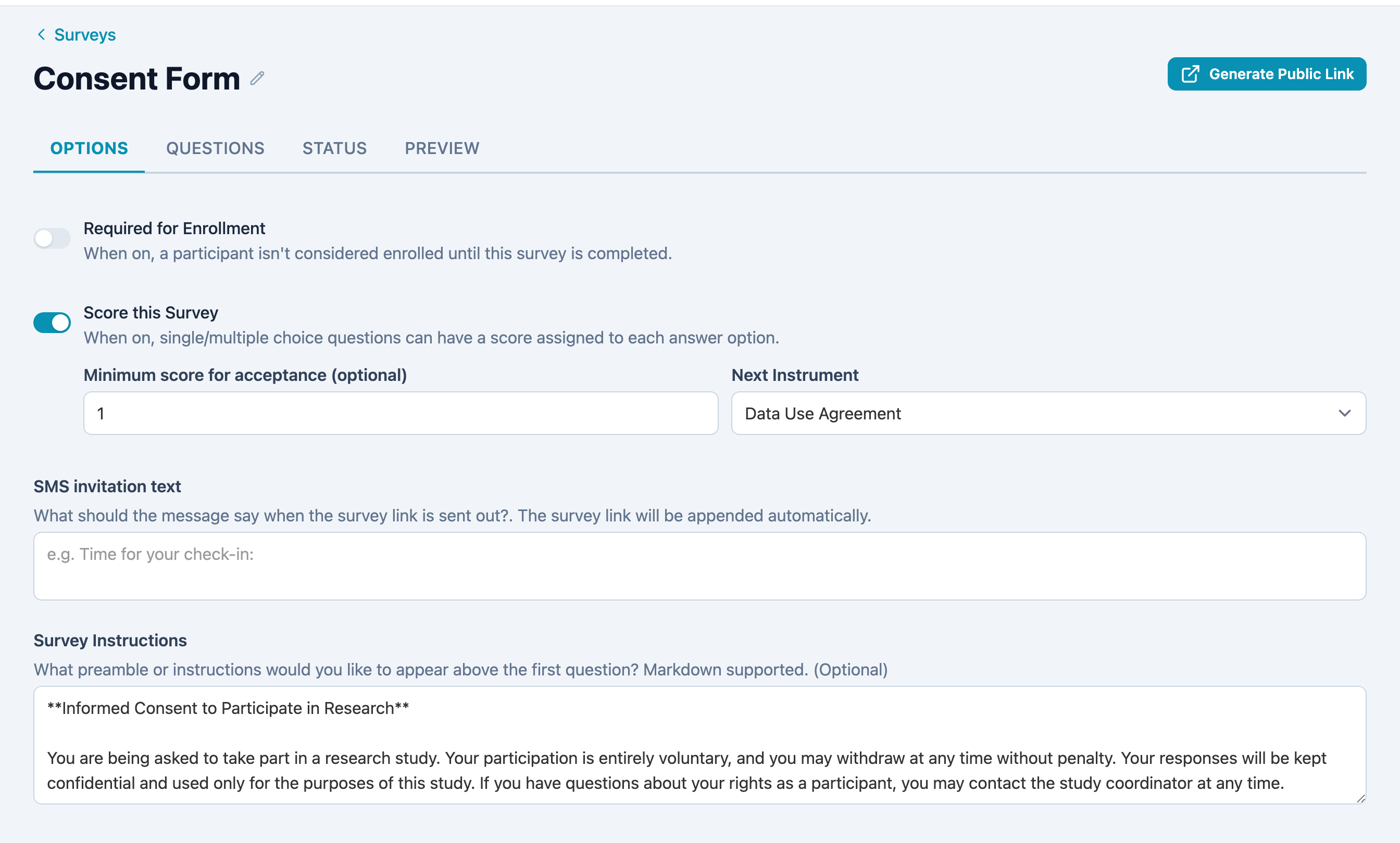 The survey options tab: required for enrollment, scoring with a minimum acceptance score, the next instrument to chain to, SMS invitation text, and survey instructions